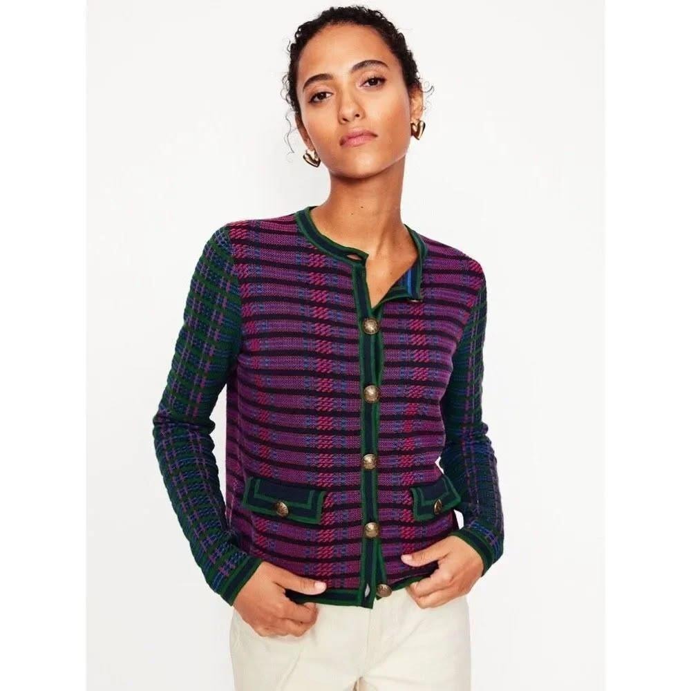 Boden Holly Knitted Jacket Womens 6 Preppy Plaid Lady Cardigan Holiday Festive